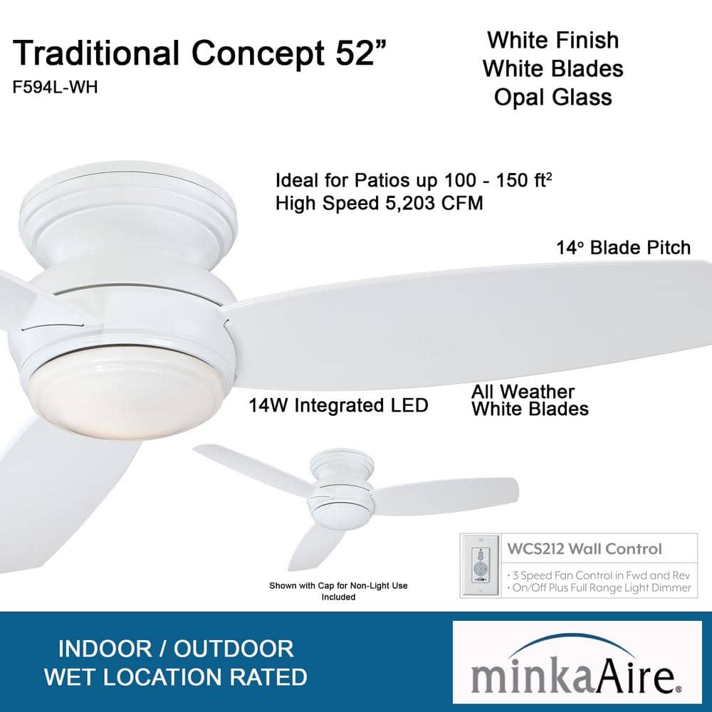 52" White Low Profile LED Ceiling Fan with Remote and Light Kit
