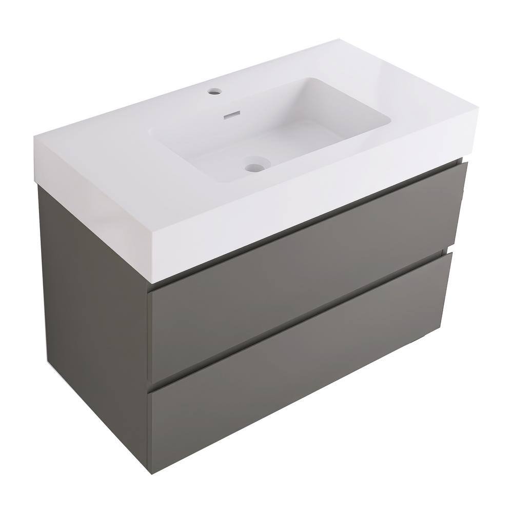 Grey Wall-Mounted Bathroom Vanity with White Resin Sink, 36"
