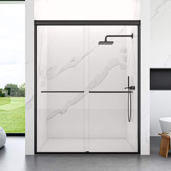 60 in. W x 72 in. H Double Sliding Semi-Frameless Shower Door in Matte Black Finish with Clear Tempered Glass