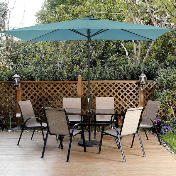 10 ft. x 6.5 ft. Rectangular Market Solar LED Light Patio Umbrella in Light Blue