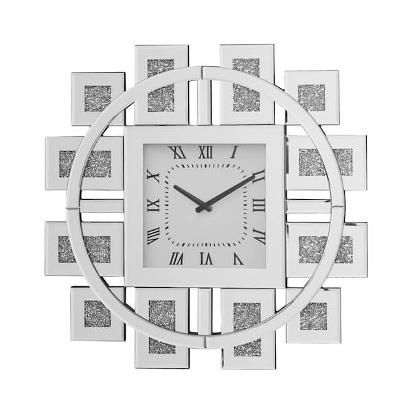 Unbranded Timeless Glamour: Silver Analog MDF Framed Mirrored and Faux Gem Stones Floating Crystal Wall Clock