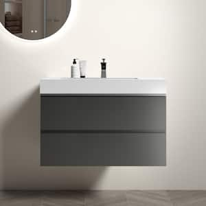 36 in. Single Sink Wall Mounted Space Gray Bath Vanity with White Solid Surface Top Unassembled