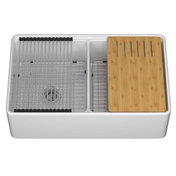33 in. L x 20 in. W Workstation Kitchen Sink Farmhouse/Apron-Front Double Bowl White Fireclay Farm Sink with Accessories