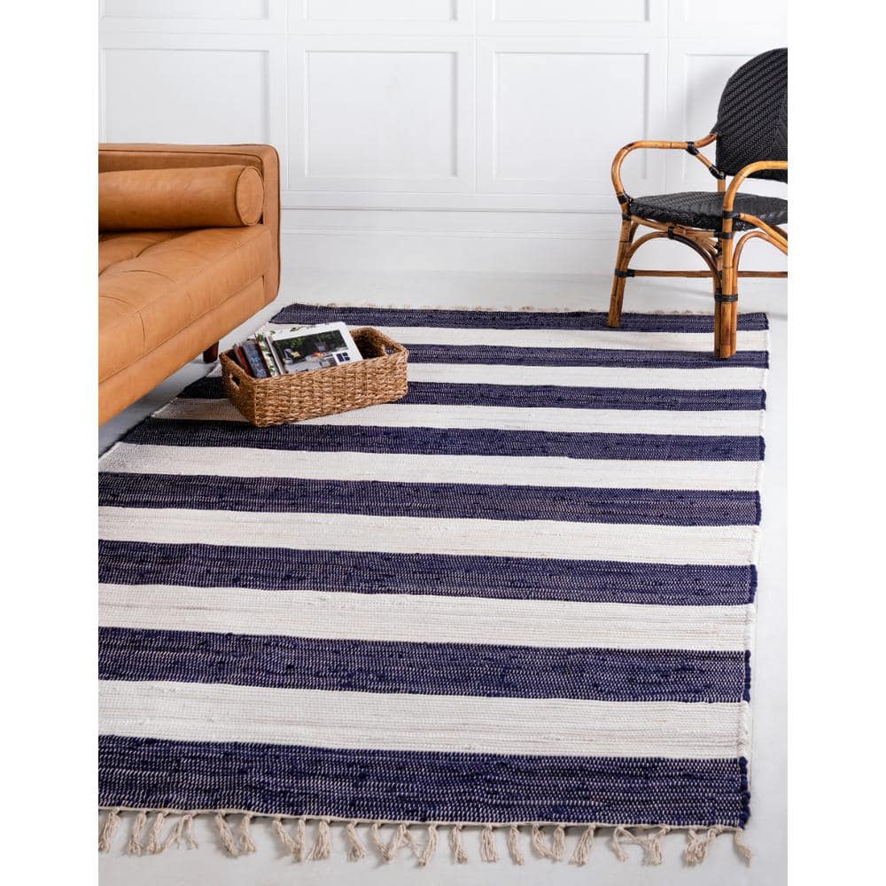 Handmade Navy Blue Stripe Braided 6' x 9' Rug