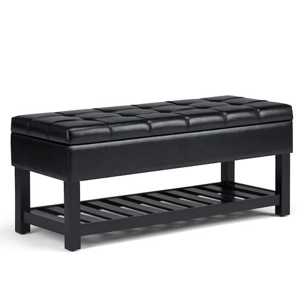 Simpli Home Saxon 43 in. Wide Transitional Rectangle Storage Ottoman Bench in Midnight Black Vegan Faux Leather