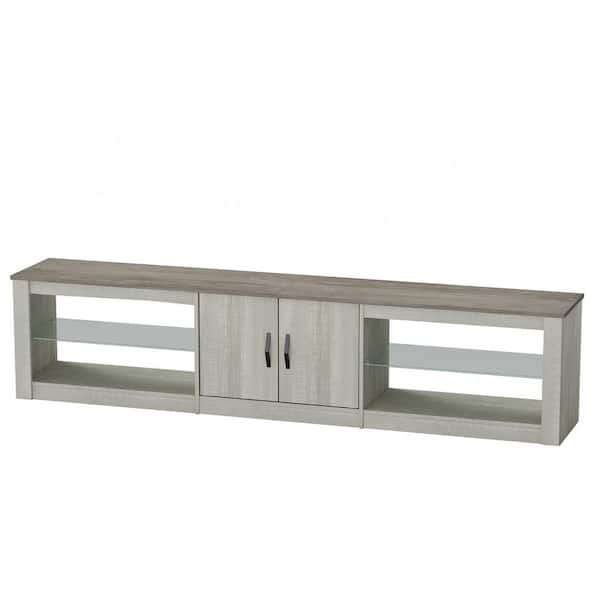 80 in. Light Grey TV Stand Fits TV's Up to 85 in. with Cabinet and Adjustable Glass Shelves