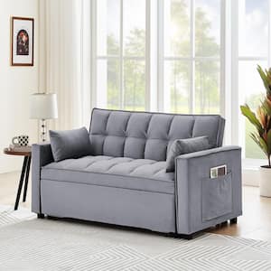 55 in. W, 3-in-1 Convertible Velvet Sleeper Sofa Bed with 2-Pillows, Dark Gray, 2-Seater Loveseat