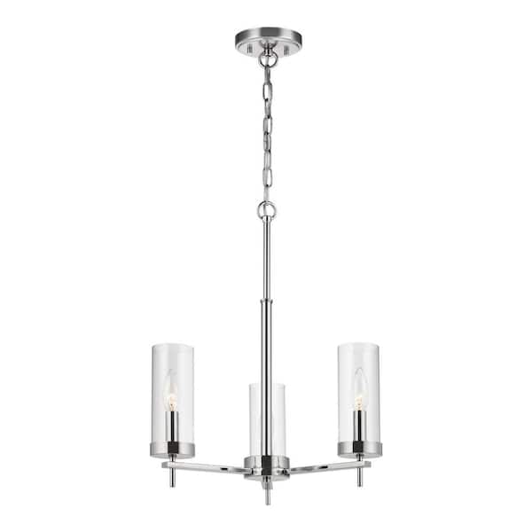 Generation Lighting Zire 3-Light Chrome Modern Minimalist Dining Room Hanging Candlestick Chandelier with Clear Glass Shades