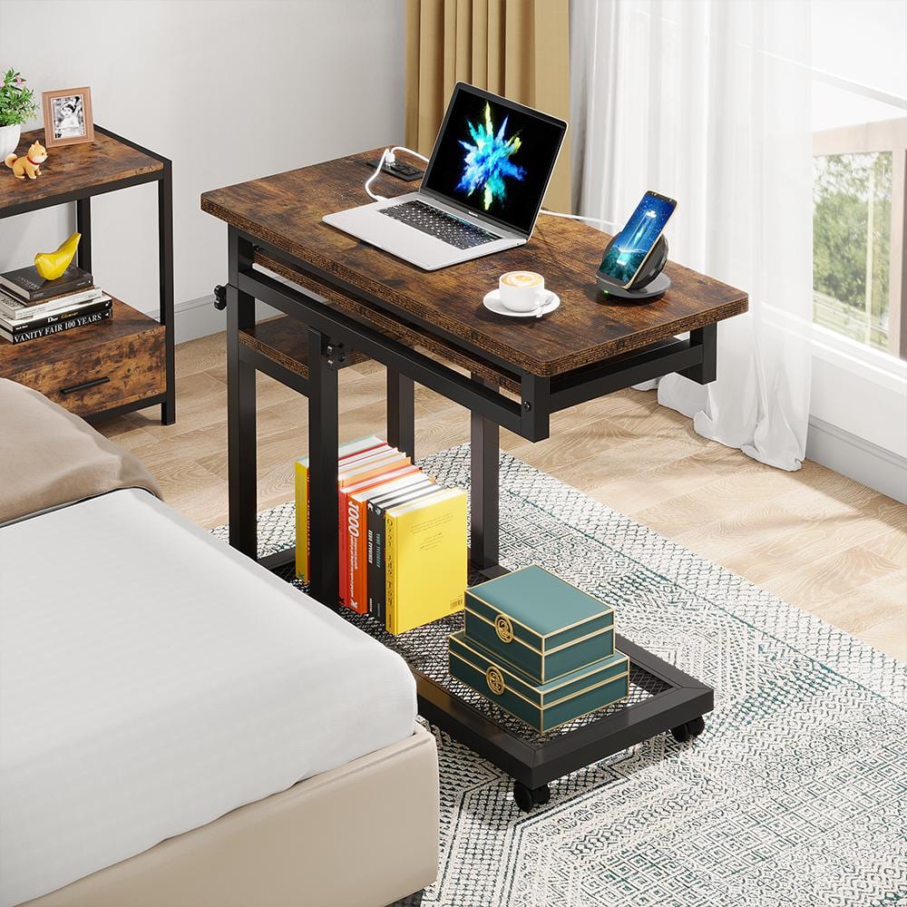 Kerlin 31.5 in. Rustic Brown Adjustable C-Shaped End Table with Power Outlets and Wheels