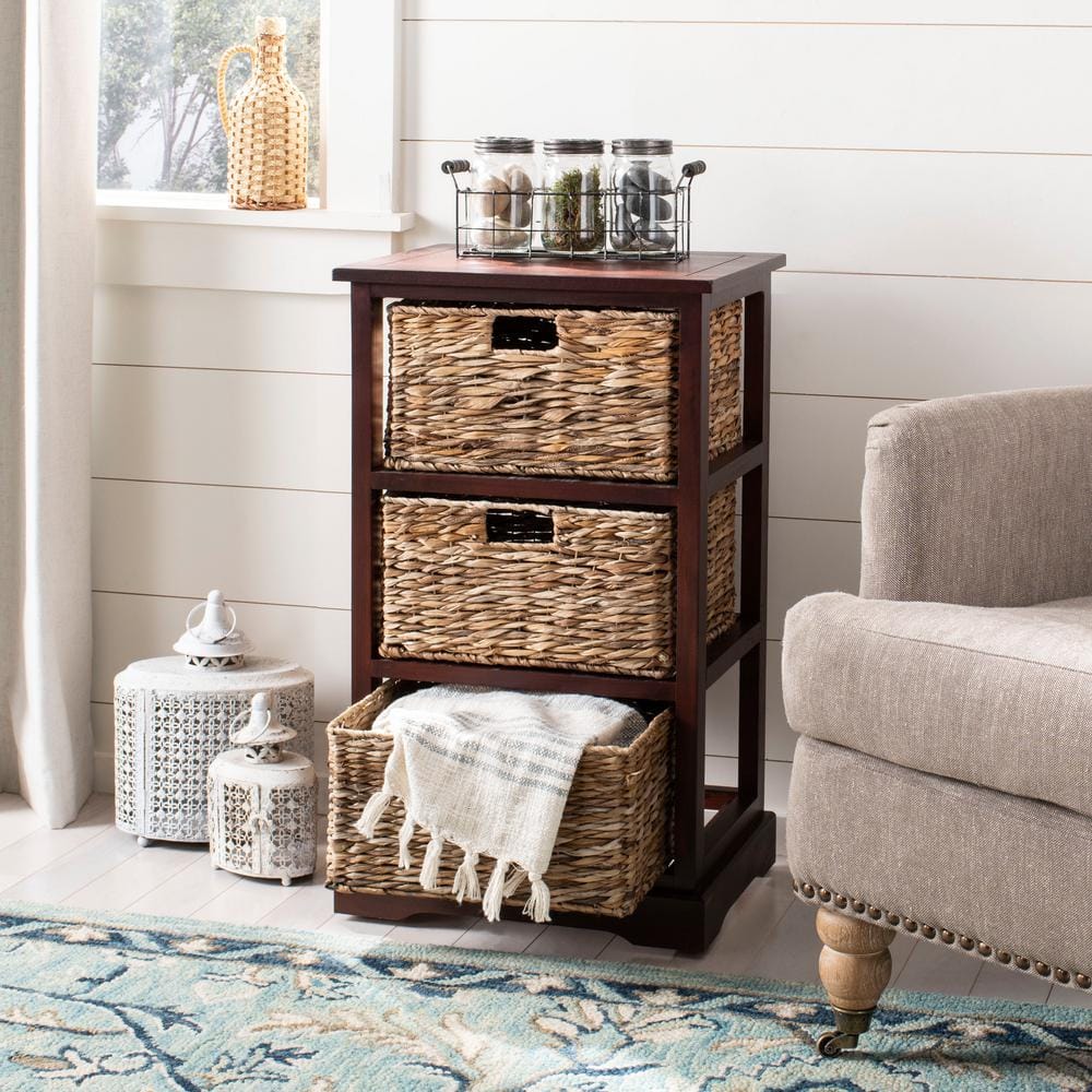 Transitional Brown Pine Wood Side Table with 3 Rattan Drawers