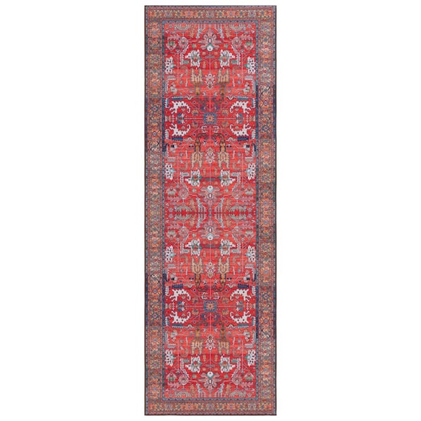 Tucson Rust/Navy 3 ft. x 14 ft.Machine Washable Abstract Aztec Border Runner Rug