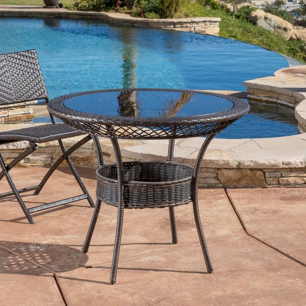 Harper & Bright Designs 34 in. Round Metal and Wicker Outdoor Bistro Table with Glass Top