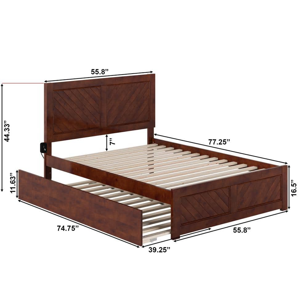 Walnut Wood Full Platform Bed with Trundle and USB Charger