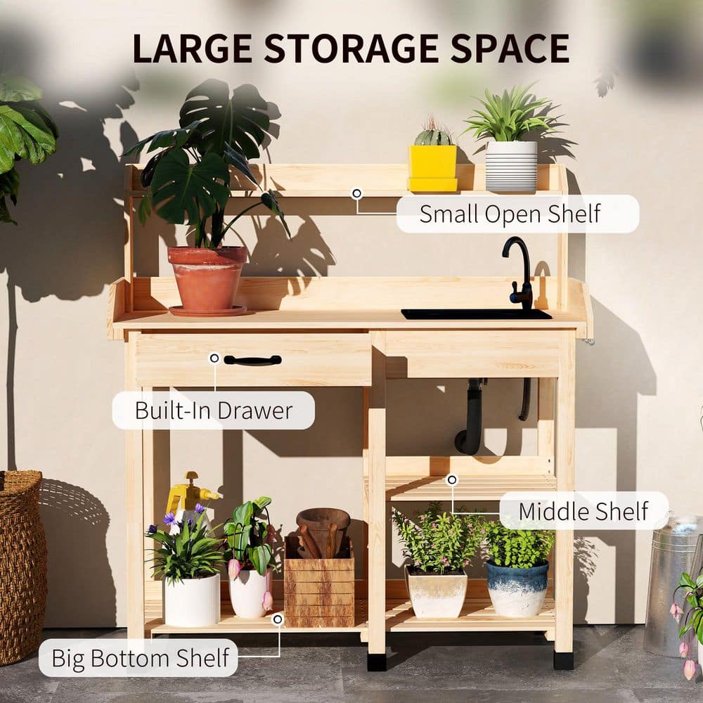 Natural Wood Potting Bench Table with Removable Sink Station