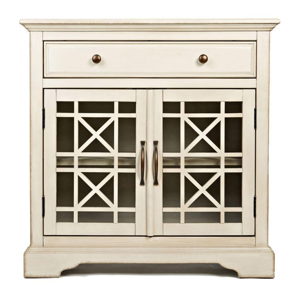 Benjara 32 in. Antique White Acacia Wood Accent Cabinet Console with 2 ...