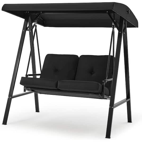 2-Person Metal Patio Swing with Black Cushion and Canopy Top, UV Resistant, Waterproof