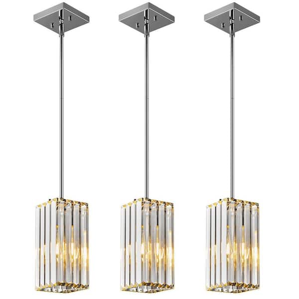 Home Lighting 1-Light Chrome Rectangle Pendant Light Mini Crystal Chandeliers Adjustable Design Kitchen Island 3-Pack