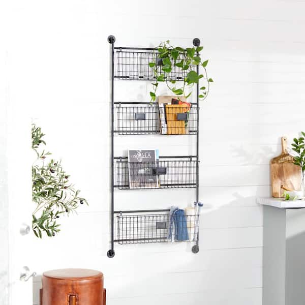 Litton Lane Black Wall Mounted Magazine Rack Holder with Suspended Baskets  and Label Slots 58624 - The Home Depot