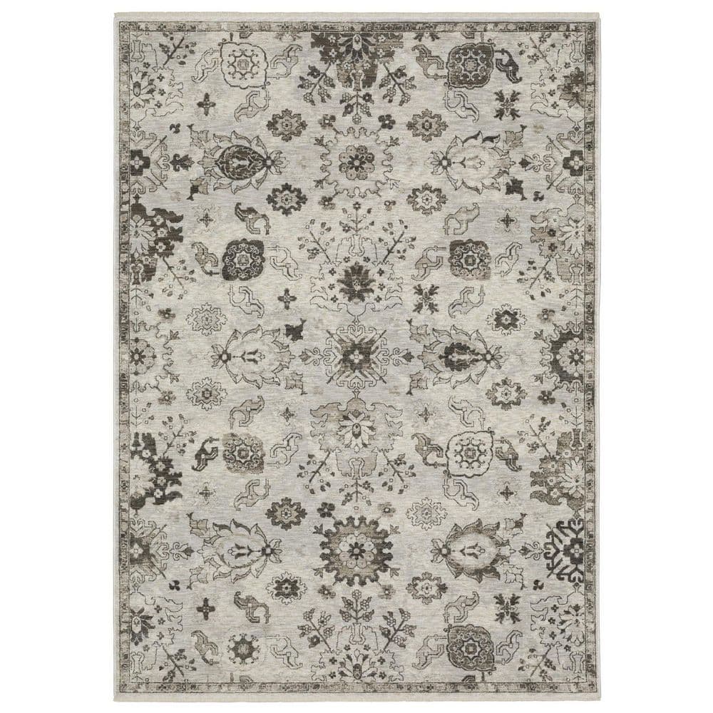 HomeRoots 5 ft. x 8 ft. Ivory and Gray Oriental Area Rug with Fringe ...