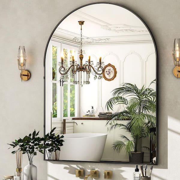 Black 30 in. W x 40 in. H Arched Bathroom Mirror Mirror Wall Aluminum Alloy Framed Mirror