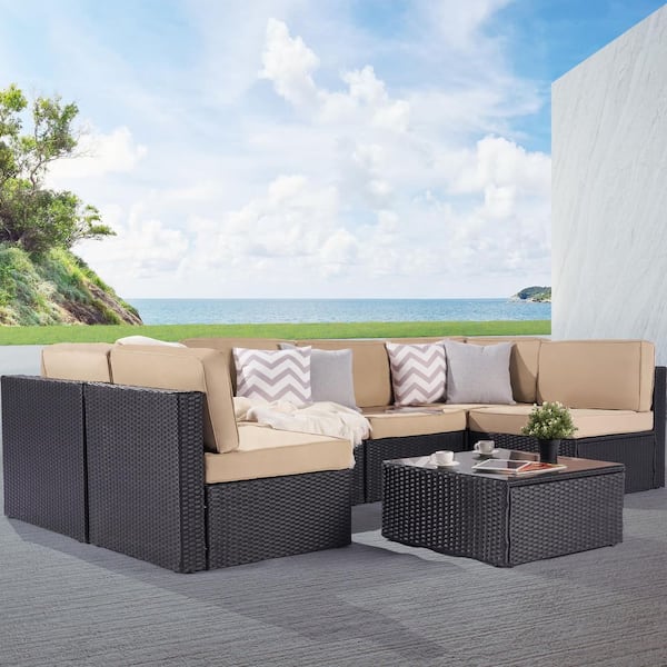 SANSTAR 7-Piece Wicker Patio Conversation Sofa Set, Outdoor Sectional Seating with Tempered Glass, Sand Cushion