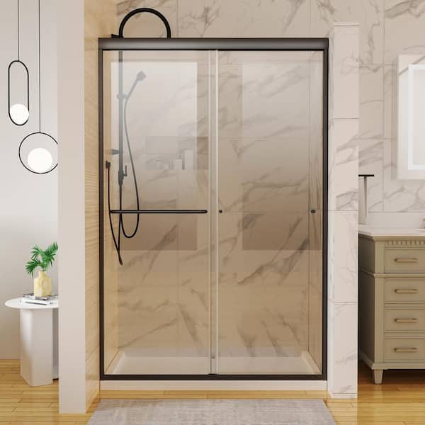 WELLFOR 48 in. W x 72 in. H Sliding Framed Shower Door in Matte Black with 1/4 in. (6 mm) Clear Glass