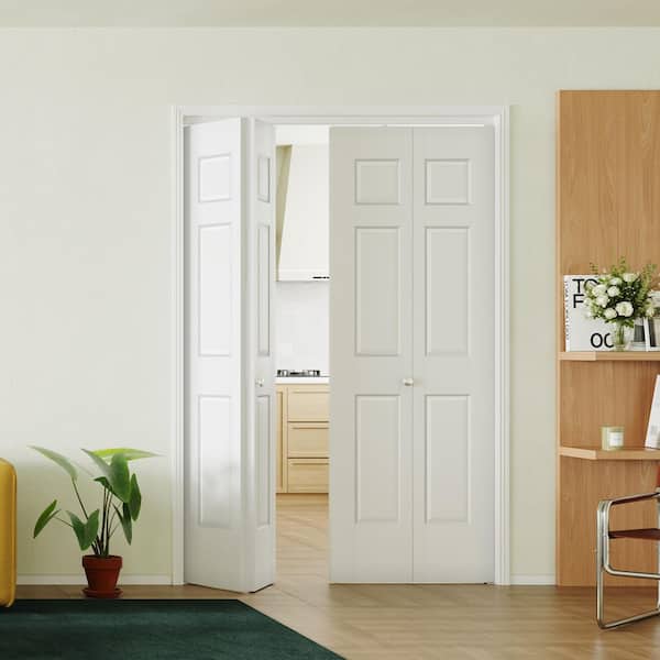 48 in. x 80 in. 6-Panel Textured MDF White Hollow Core Composite DIY Painted Bi-fold Door with Hardware Kits