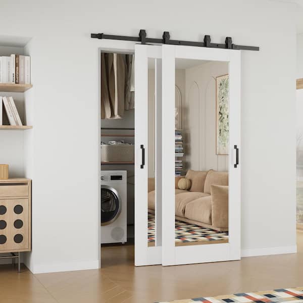 56 in. x 96 in. (Double 32 in.) 1-Lite Mirrored Glass White Primed MDF Sliding Barn Door with Hardware Kit Bypass