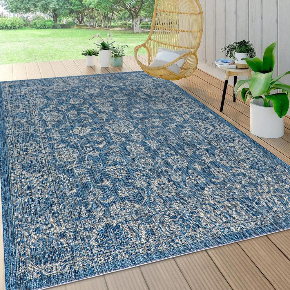 Navy and Gray Synthetic Flat Woven Rectangular Area Rug