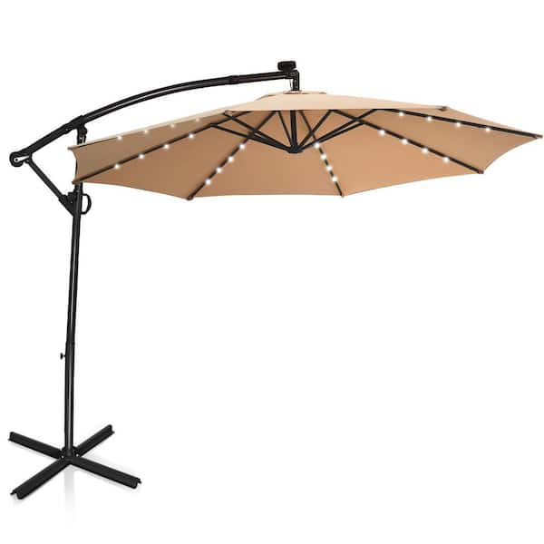 Costway 10 ft. Aluminum Offset Cantilever Solar Tilt Patio Umbrella LED Lights 360-Degrees Rotation Beige