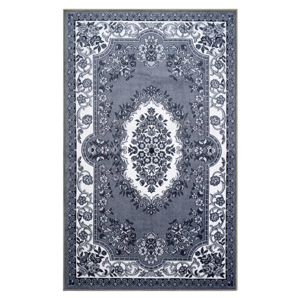 Black and White Floral Synthetic Non-Slip Area Rug 4' x 6'