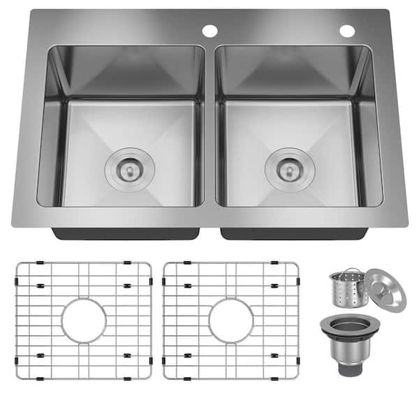 33 in. Drop-In Double Bowl Brushed Stainless Steel Kitchen Sink with Cutting Board, Rolling Drying Rack and Colander