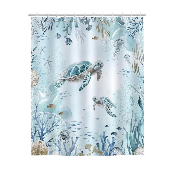 Unbranded Sea Turtle Shower Curtain 72 x 72 in. Bathroom Curtain Teal Blue Ocean Coastal Waterproof with Hooks Polyester