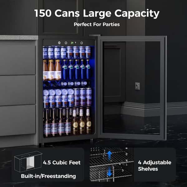 20.3 in Single Zone 145-Cans Freestanding/Built-in Beverage and Wine Cooler in Black, Glass Door, Adjustable Shelves