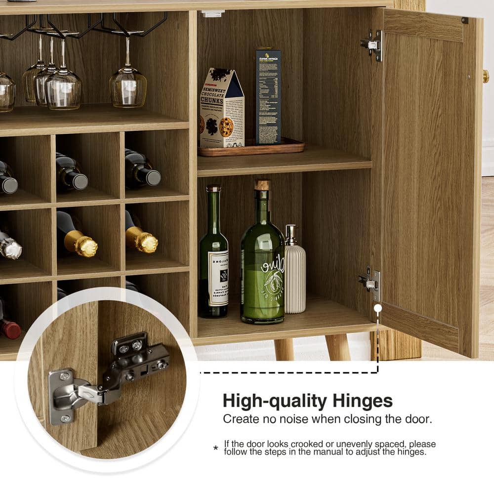 Rustic Oak and Rattan Wine Bar Cabinet with Adjustable Shelves
