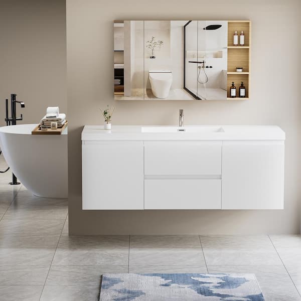 59.06 in. W x 19.69 in. D x 22.44 in. H Single Sink Wall Mounted Bath Vanity in White with White Culture Marble Top