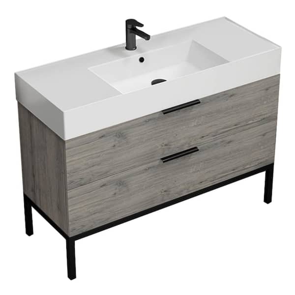 Nameeks Derin 47.64 in. W x 18.11 in. D x 34.65 in. H Modern Bathroom Vanity in Grey Oak With White Ceramic Top