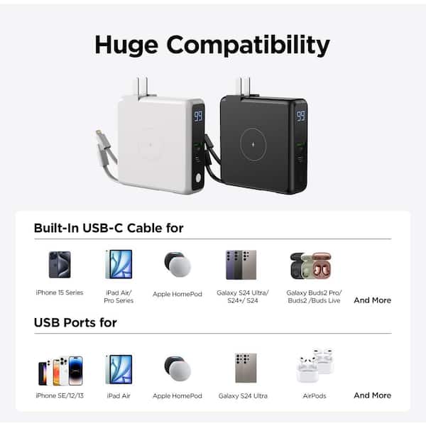Yichuhaoxi Portable Charger AC Wall Plug and Built-In Cables 10000 mAh USB  C Power Bank in Black with Wireless Charger 1-02027FPH005