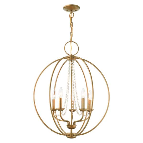 AVIANCE LIGHTING Delridge 5-Light Antique Gold Leaf Globe Chandelier with Clear Crystals