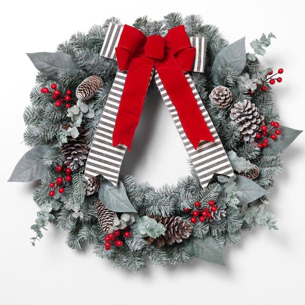 Snowy Pine Christmas Wreath with Red Bow and Pinecones