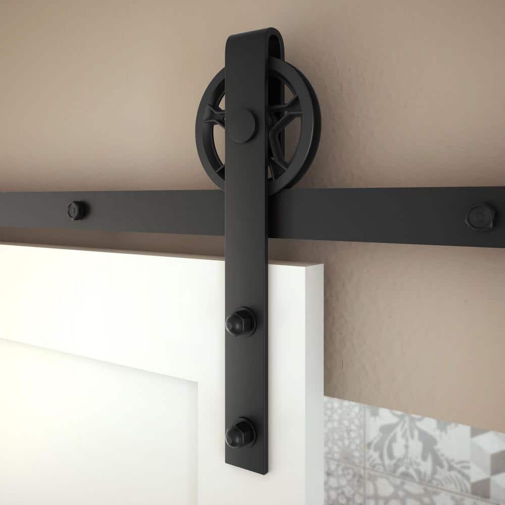 Matte Black Steel Wagon Wheel Barn Door Hardware Kit