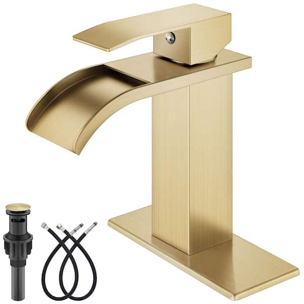 Single Handle Waterfall Spout Single Hole Bathroom Faucet with Deckplate and Pop-up Drain Assembly in Brushed Gold
