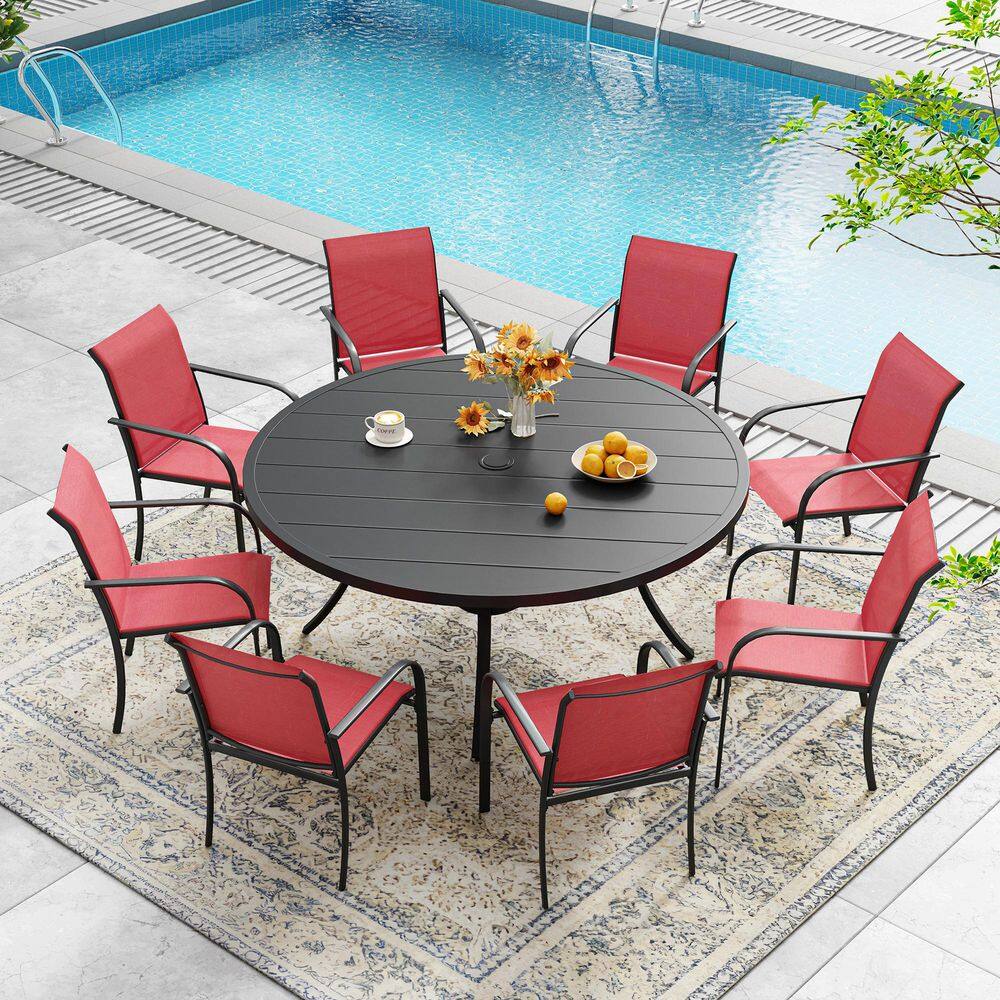 9-Piece Patio Dining Set with 53.1 in. Black Metal Round Table and 8-Red Stackable Chairs for Backyard, Garden