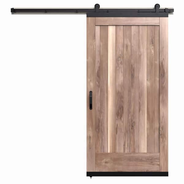 JELD-WEN 42 in. x 80 in. Karona 1 Panel Unfinished Rustic Walnut Wood Sliding Barn Door with Hardware Kit