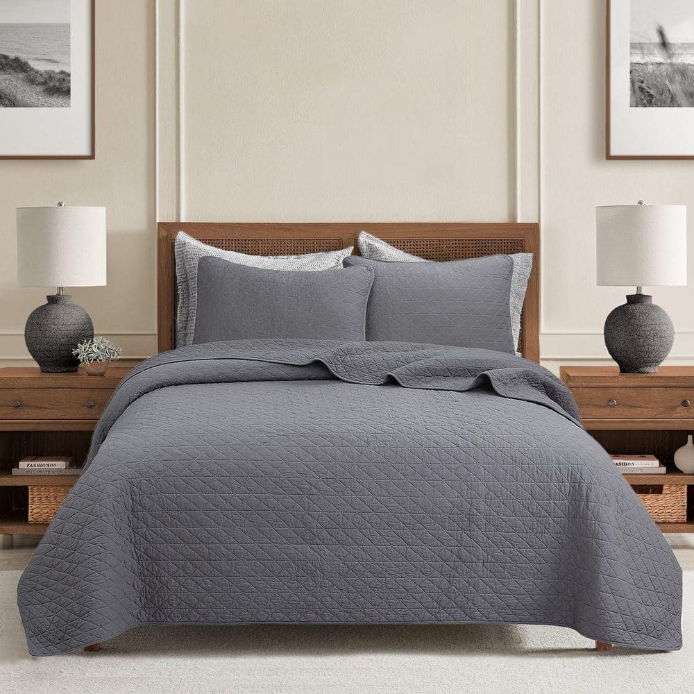 Checkered Square 3 Piece Gray Solid Cotton King Bedding Quilt Set price history on PriceWatchPro