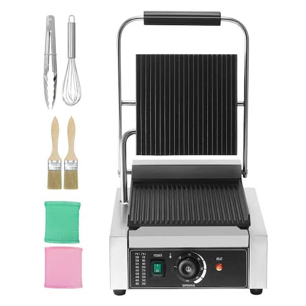 SKYSHALO Commercial Panini Grill, Silver, 1800W Electric Sandwich Maker with Temp Control Flat Enamel Plate for Hamburger