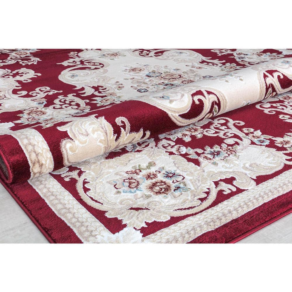 Classic Burgundy and White Synthetic Round Area Rug, 5' x 5'