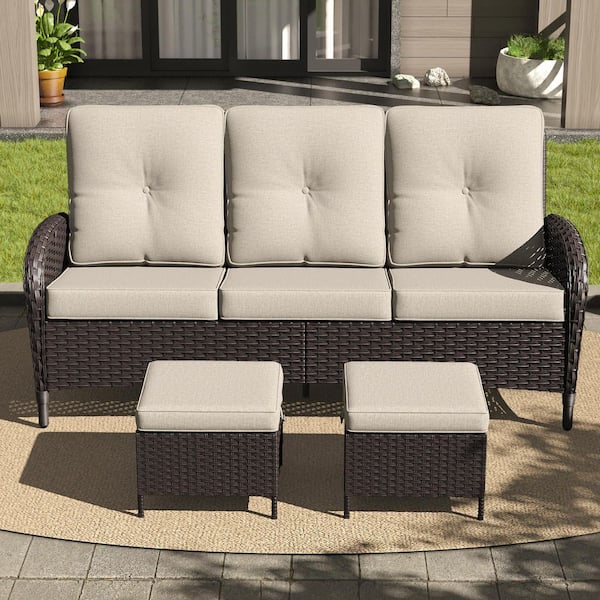 3-Piece Sofa Set Couch Patio PE Wicker 3-Seat Outdoor Furniture with Removable Ottomans Beige