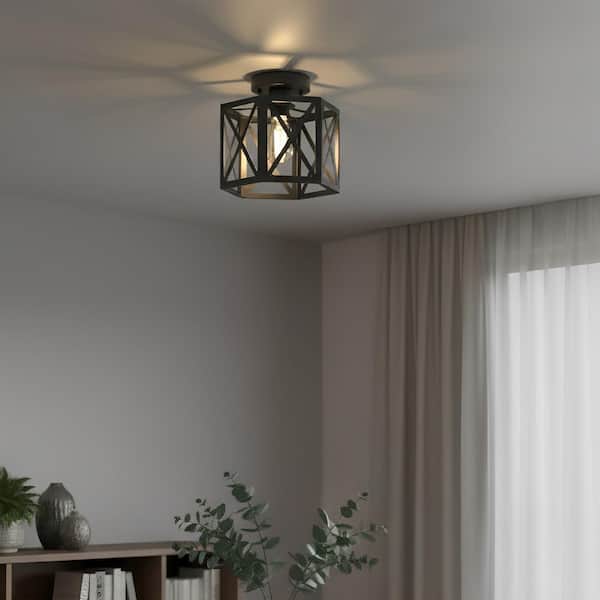 8 in. 1-Light Matte Black Industrial Semi Flush Mount Ceiling Light, Metal Cage Farmhouse Light for Entryway, Hallway