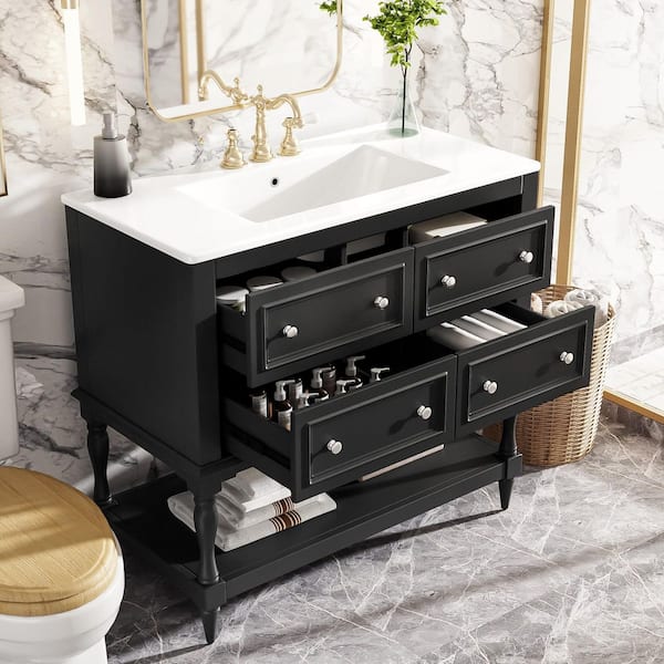 36 in. Single Sink Freestanding Black Bath Vanity with White Ceramic Top, 4 Drawers and Open Storage Shelf Unassembled